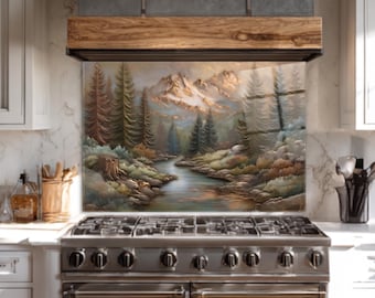 Protector de pared de vidrio con paisaje de montaña para cocina, cubierta trasera para estufa inspirada en la naturaleza, arte de pared de vidrio templado, decoración rústica de cocina con río.