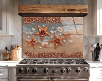 Sea Star Glass Backsplash for Kitchen Wall Art, Tempered Glass Stove Back Cover, Coastal Kitchen Tile Decor, Heat Resistant Splashback Tile