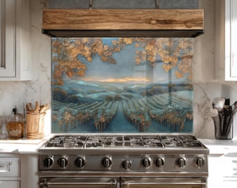 Dosseret en verre de vigne, décoration de cuisine de campagne de vin de Toscane, art de tuile de feuille de vigne, panneau de cuisine de ferme rustique, livraison gratuite Etats-Unis