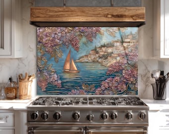 Tempered Glass Backsplash for Kitchen, Nautical Wall Art with Sailboat and Coastal Town, Stove Back Cover, Kitchen Wall Decor, Free Shipping
