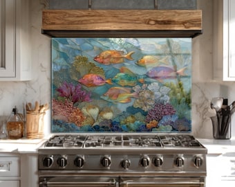 Colorful Fish Glass Backsplash, FREE Shipping from USA, Coastal Kitchen Decor, Ocean Coral Reef Wall Art Panel, Beach House Stove Splashback