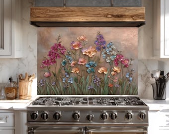 Protector de pared de vidrio floral 3D para cocina, arte de pared de vidrio templado, decoración de cocina con flores silvestres coloridas, cubierta trasera de estufa resistente al calor, flor