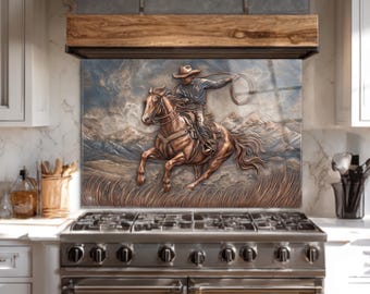 Salpicadero de cristal con diseño de caballo vaquero, decoración de cocina occidental, panel de arte de pared rústico de rancho, salpicadero con escena de lago campestre, diseño de cocina de granja
