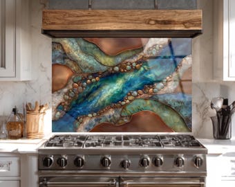 Salpicadero de vidrio azul verdoso, diseño abstracto de río, panel de arte mural moderno para cocina, protector contra salpicaduras de estufa de vidrio templado, decoración de lujo estilo ágata