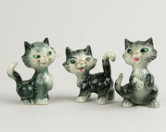 Three Goebel Cats, KT 235, Porcelain Tabbies with Plastic Whiskers and Green Eyes, West Germany