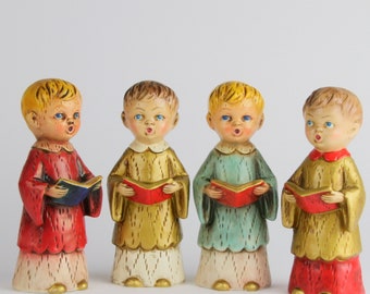 Set of Four Boy Choir Singers, Mouths Open in Song, Antique Carved Look, Cpmposition made by Happy Holidays Japan