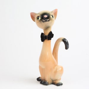 Norcrest Siamese Stretch Cat, 8 Inches Tall, Velvet Bowtie, Kitschy Cute, Made in Japan