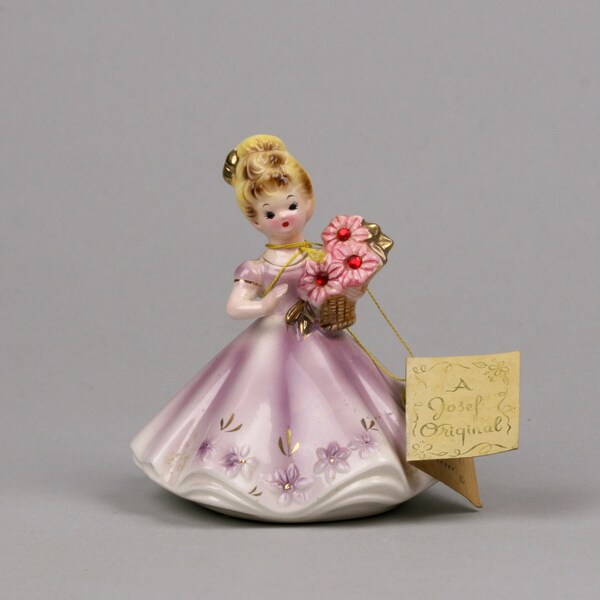 Josef July Birthstone Doll with Ruby Glass Rhinestones, Ceramic Figurine with Hangtag made in Japan