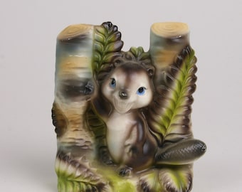 Kitschy Blue Eyed Beaver with Proud Smile, Ferns and Tree Trunks made in Japan