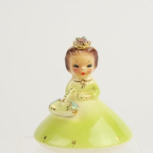 Vintage Josef Original May Girl Figurine: Green Mushroom Dress, Floral Basket