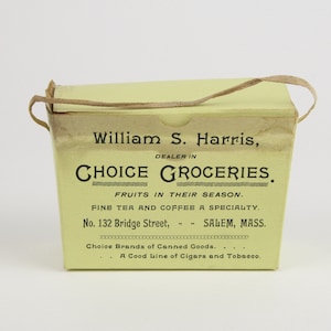 Salem MA Antique, W S Harris Groceries, Scarce, Confectionery Box with Twill Handle,Advertisement, 132 Bridge St