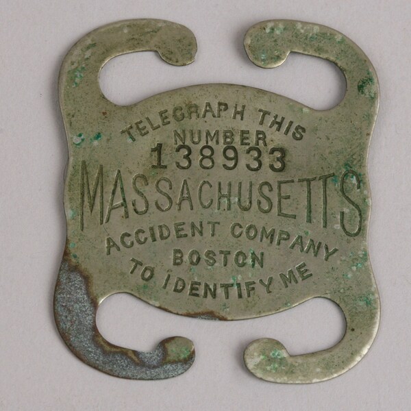 Metal Insurance Badge for Suspender, Dangerous Occupation, Mass. Accident Company Boston Established 1883