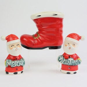 Shabby Ceramic Christmas Decor, Santas Salt & Pepper, Lefton Santa Boot all made in Japan