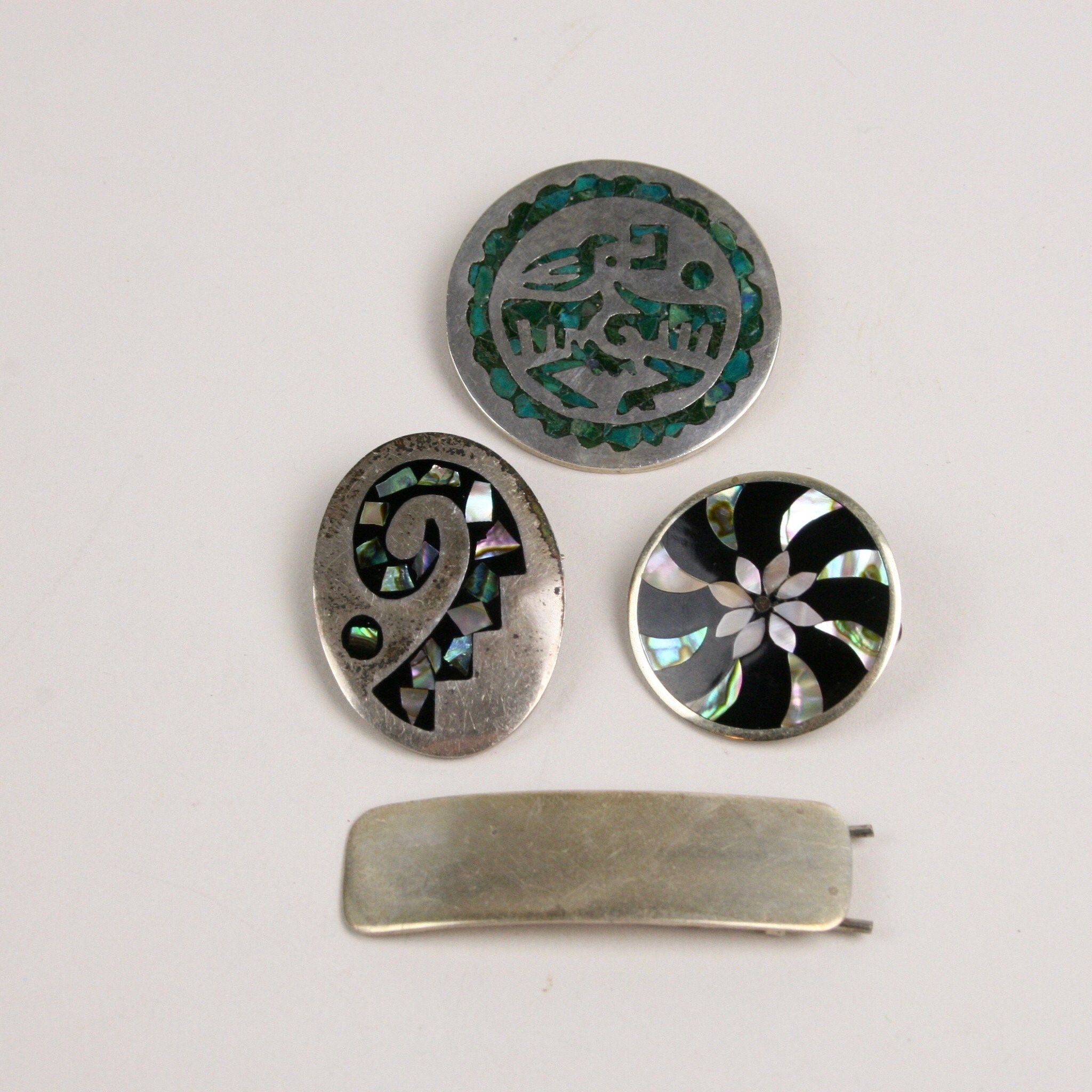 羽衣天女　Chapado en Laton シルバ　 Maestra Mexican Silver and Silver Tone Pins and Barrette, Abalone