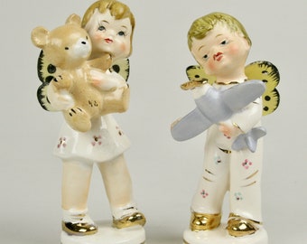 Butterfly Wings Angels with Gifts, Very Scarce Set,  Boy and Girl with Plane and Teddy Bear made in Japan