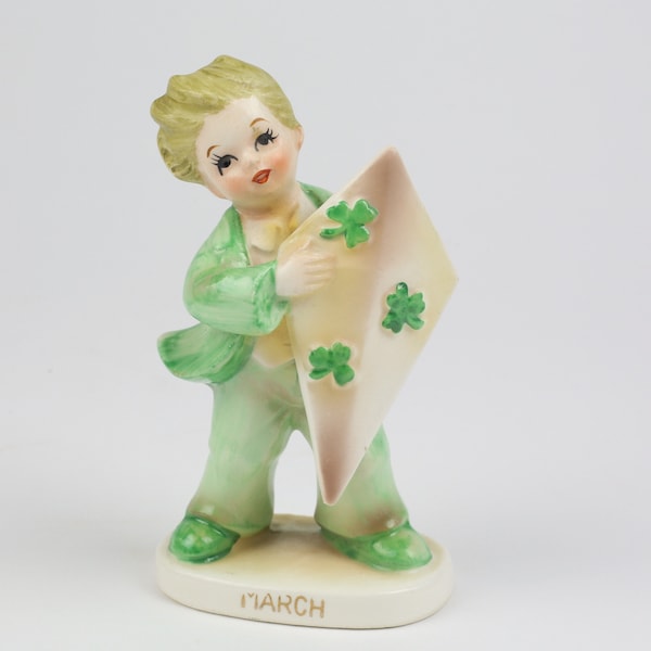 Lefton March Boy with Shamrock Kite, Windy Day, March Birth Month, St Patricks Day, March Birthday, Made in Japan