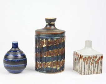 Otagiri Pottery Vases Weedpots, Featuring Indigo and Dark Blue and Honey Bronze Glaze, All 3 Made OMC, Japan