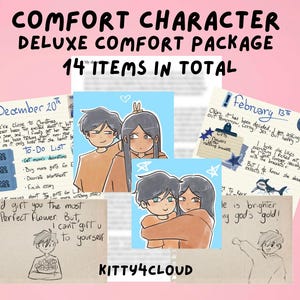K&ouml;nnte beinhalten: Illustration, die ein "Comfort Character Deluxe Comfort Package" mit dem Text "14 ITEMS IN TOTAL" bewirbt. Das Bild enth&auml;lt Zeichnungen von Paaren, handgeschriebene Notizen und den Text "KITTY4CLOUD."