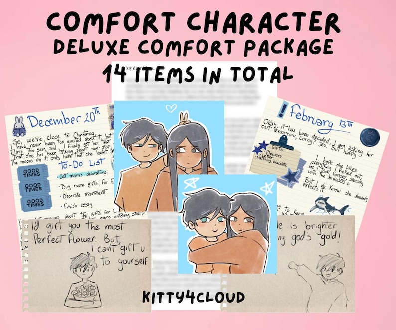 K&ouml;nnte beinhalten: Illustration, die ein "Comfort Character Deluxe Comfort Package" mit dem Text "14 ITEMS IN TOTAL" bewirbt. Das Bild enth&auml;lt Zeichnungen von Paaren, handgeschriebene Notizen und den Text "KITTY4CLOUD."