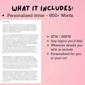 K&ouml;nnte beinhalten: Ein rosa Hintergrund mit dem Text &bdquo;WAS ES BEINHALTET:&ldquo; und Aufz&auml;hlungspunkten. Der erste Aufz&auml;hlungspunkt lautet &bdquo;Personalisierter Brief &ndash; 800+ W&ouml;rter&ldquo;. Ein verschwommener Brief befindet sich in der Mitte. Weitere Aufz&auml;hlungspunkte sind SFW/NSFW und personalisiert.