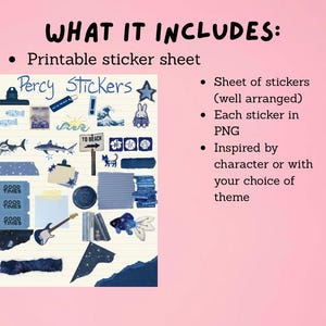 May include: A printable sticker sheet labelled "Percy Stickers" featuring blue and white themed stickers. The stickers include sharks, waves, a bunny, and the text "TO BEACH" and "GOOD TIMES".