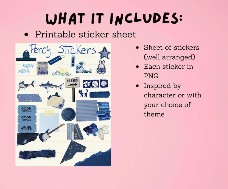 May include: A printable sticker sheet labelled "Percy Stickers" featuring blue and white themed stickers. The stickers include sharks, waves, a bunny, and the text "TO BEACH" and "GOOD TIMES".