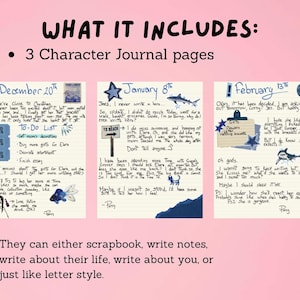 K&ouml;nnte beinhalten: Ein Journalsatz mit drei Charakter-Journalseiten. Jede Seite enth&auml;lt handschriftliche Eintr&auml;ge mit Daten, To-Do-Listen und pers&ouml;nlichen Reflexionen. Die Seiten sind mit kleinen Illustrationen und Aufklebern dekoriert, mit dem Text "What it includes".