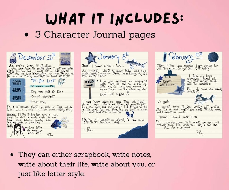 K&ouml;nnte beinhalten: Ein Journalsatz mit drei Charakter-Journalseiten. Jede Seite enth&auml;lt handschriftliche Eintr&auml;ge mit Daten, To-Do-Listen und pers&ouml;nlichen Reflexionen. Die Seiten sind mit kleinen Illustrationen und Aufklebern dekoriert, mit dem Text "What it includes".