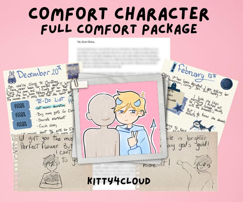 May include: An illustration featuring a cartoon character with blue hair and devil horns, alongside handwritten notes and drawings. The text reads "COMFORT CHARACTER FULL COMFORT PACKAGE". The notes include a to-do list.