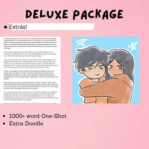 K&ouml;nnte beinhalten: Ein rosa Hintergrund mit den Worten "DELUXE PACKAGE" in Schwarz. Das Bild enth&auml;lt eine Cartoon-Illustration von zwei sich umarmenden Personen, einen Textblock und Aufz&auml;hlungspunkte mit der Aufschrift "1000+ W&ouml;rter One-Shot" und "Extra Doodle."