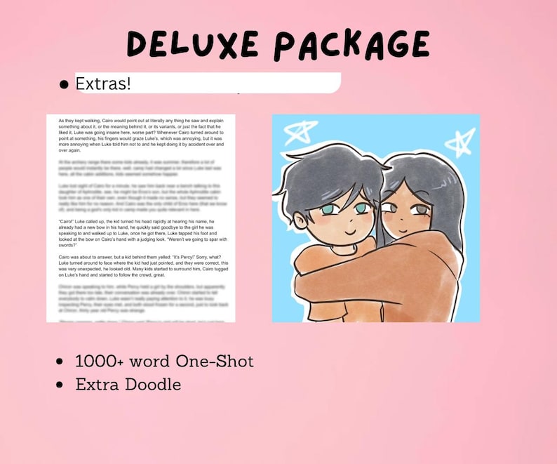 K&ouml;nnte beinhalten: Ein rosa Hintergrund mit den Worten "DELUXE PACKAGE" in Schwarz. Das Bild enth&auml;lt eine Cartoon-Illustration von zwei sich umarmenden Personen, einen Textblock und Aufz&auml;hlungspunkte mit der Aufschrift "1000+ W&ouml;rter One-Shot" und "Extra Doodle."