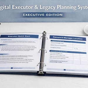 May include: A blue binder with open pages titled "Executor Quick Start" and "Password Manager Location." The binder is on a white surface, with a cup of coffee and glasses in the background. The text "Digital Executor & Legacy Planning System EXECUTIVE EDITION" is at the top.