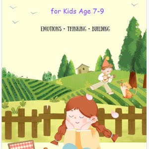Puede incluir: Portada de libro ilustrada titulada "Summer Stories & Smart Skills Volume 1" para niños de 7 a 9 años. La imagen presenta a una niña leyendo, una cesta de picnic y un niño tocando música. El fondo muestra un paisaje verde.