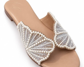 Pearl Beaded Flat Sandals for Women, Embellished Slides, Elegant Summer Sandals, Bridal Shoes