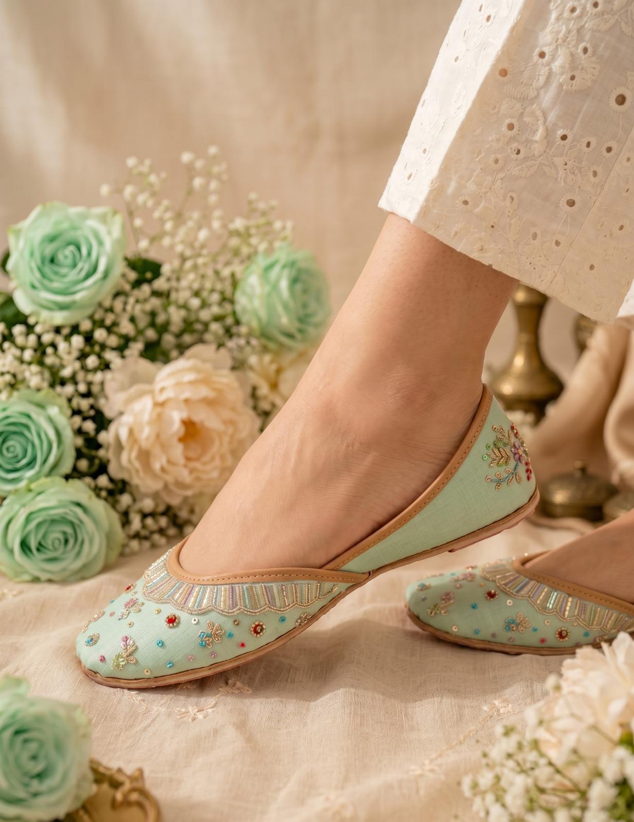 Mint Green Punjabi Jutti for Women - Handmade Embroidered Mojari Flats Mint Green Punjabi Jutti for Women - Handmade Embroidered Mojari Flats