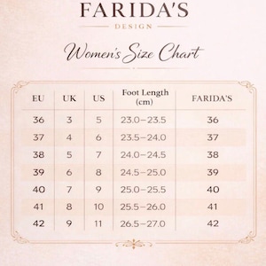 May include: A size chart for women's shoes, featuring EU, UK, and US sizes, with corresponding foot lengths in centimeters. The chart includes sizes from 36 to 42, with the brand name "FARIDA'S" at the top.