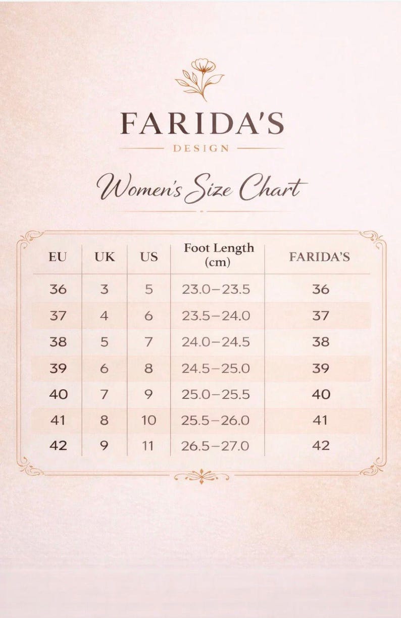 May include: A size chart for women's shoes, featuring EU, UK, and US sizes, with corresponding foot lengths in centimeters. The chart includes sizes from 36 to 42, with the brand name "FARIDA'S" at the top.