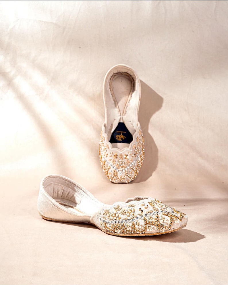 Pearl & Gold Embroidered Khussa – Handmade Bridal Flats – Traditional Pakistani Footwear image 1