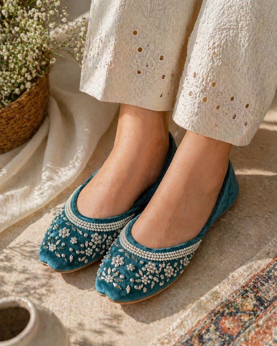 Teal Pearl Embellished Khussa Flats | Handmade Pakistani Jutti | Bridal Wedding Shoes | Ethnic Footwear for Women | Traditional Khussa