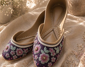 Purple Floral Khussa Shoes, Handmade Embroidered Flats, Pakistani Jutti, Festive Footwear