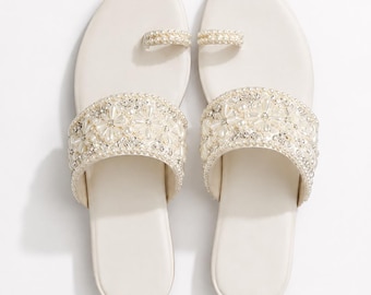 Pearl Flower Sandals, Ivory Embellished Flat Slides