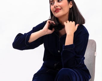 Twilight Blue Velvet Pajama Set | Luxury Button Up Sleepwear, Lounge Nightwear