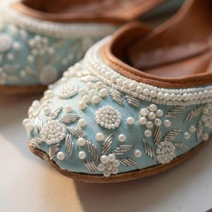 Ice Blue Khussa for Women | Handmade Pearl Embroidered Jutti Flats | Bridal Ethnic Shoes