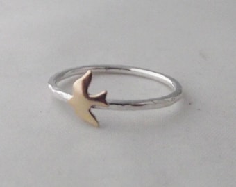 Stunning Handmade Sterling Silver 925 Hammer Finish Gold Dove Stacking Ring