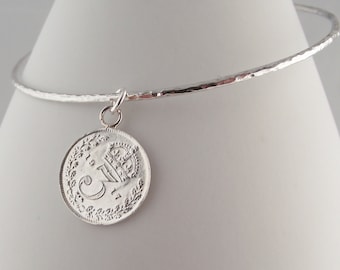 Handmade Celeb Style Coin Charm Skinny Bangle Sterling Silver dated 1917 Lucky Coin