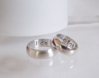 Handmade Sterling Silver Personalised "I do, me too" Hand Stamped Curved Wedding Ring Set