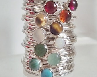 Handmade Bezel Set Gemstone Sterling Silver Stacking Ring plus Free Spacer Ring