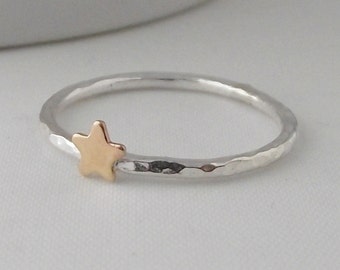 Stunning Handmade Sterling Silver 925 Hammer Finish Gold Star Stacking Ring