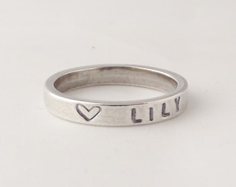 Handmade Sterling Silver Personalised Name Ring: Stacking Band