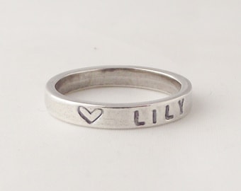 Handmade Sterling Silver Personalised Name/Date Stacking Ring Unique Gift